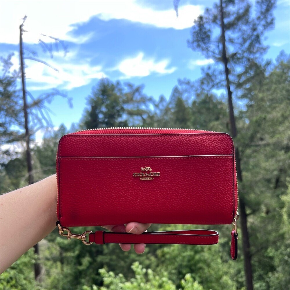 COACH Long Zip-Around Wallet RED Pebble Leather Gold Hardware w Wrist-Strap